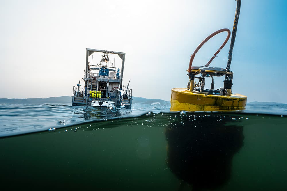 Makah Bay 42 real-time mooring with the R/V Storm Petrel in the background. Photo: Nick Zachar/NOAA